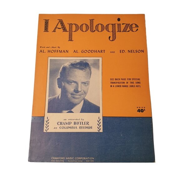 I Apologize 1931 Champ Butler Vintage Sheet Music Piano Voice Easy Listening - Picture 1 of 2